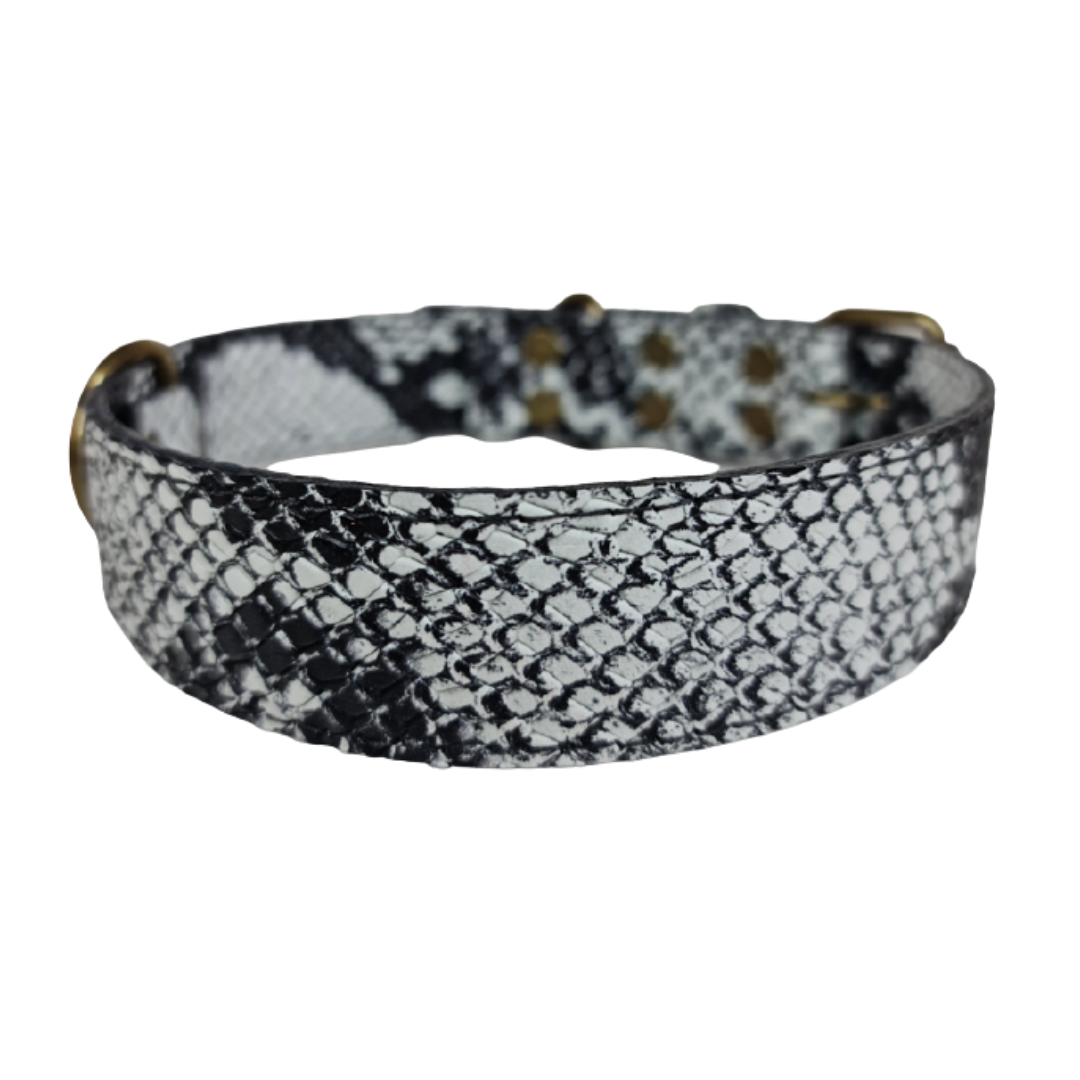 Collar de Cuero para perros - Serpiente Blanco y Negro hebilla envejecida