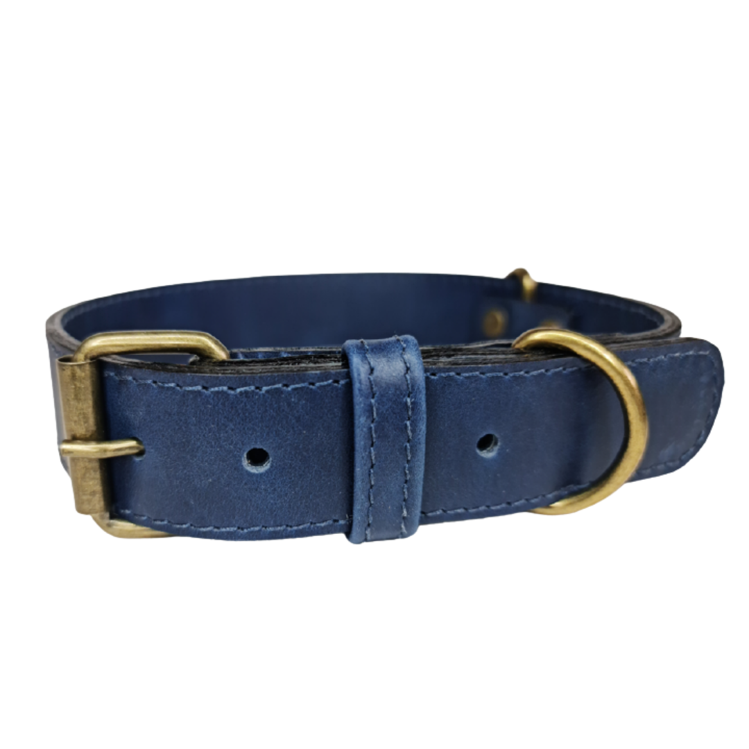 Collar de Cuero para perros - Azúl hebilla envejecida