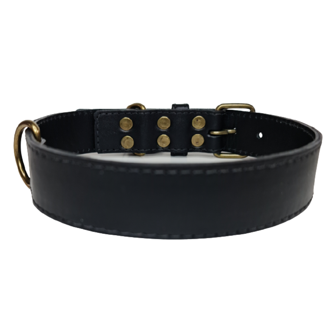 Collar de Cuero para perros - Negro liso hebilla envejecida