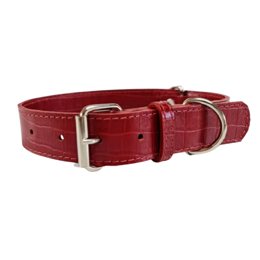 Collar de Cuero para perros - Cocodrilo Rojo - Nickel