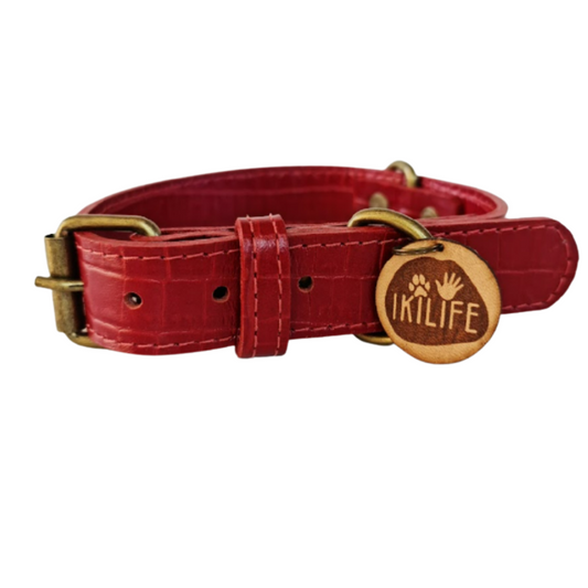 Collar de Cuero para perros - Cocodrilo Rojo - hebilla envejecida