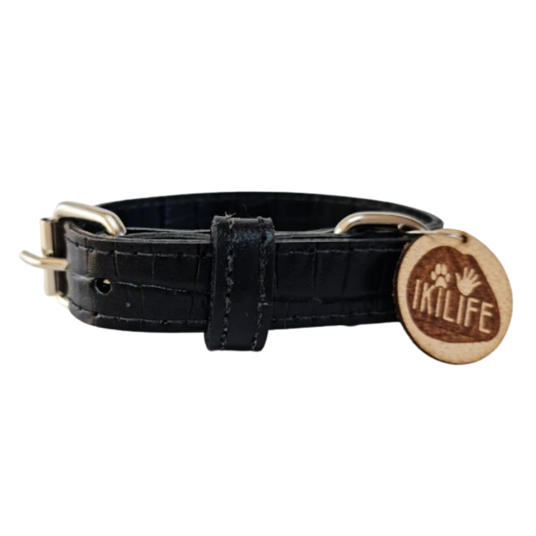Collar de Cuero para perros - Cocodrilo Negro - nickel