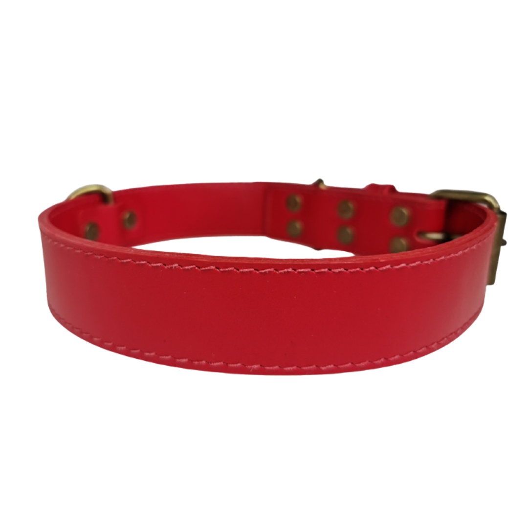 Collar de Cuero para perros - Rojo Liso hebilla envejecida