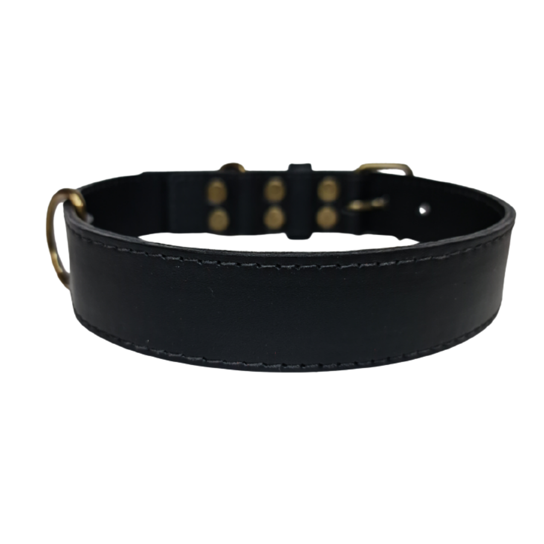 Collar de Cuero para perros - Negro liso hebilla envejecida