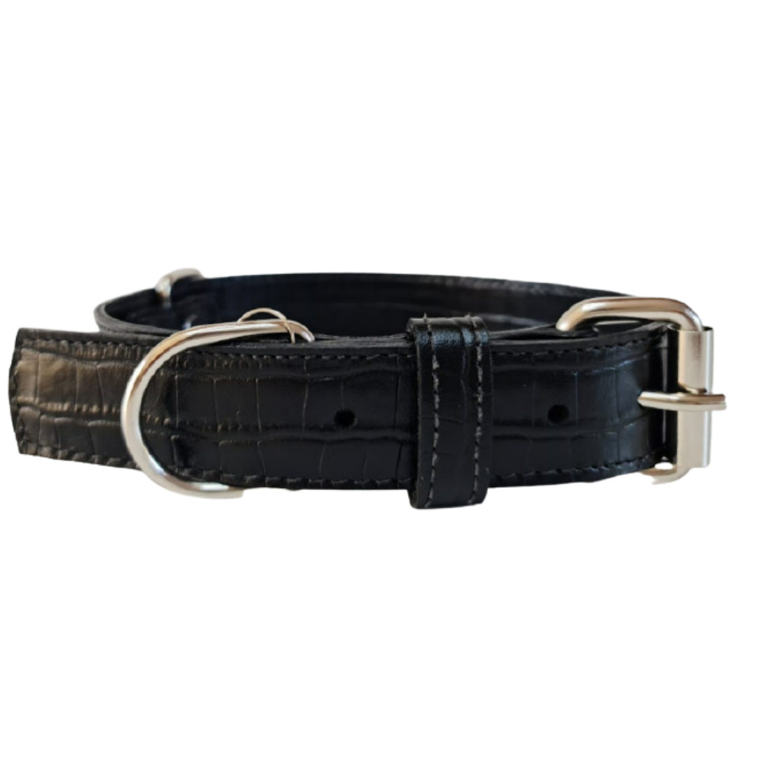 Collar de Cuero para perros - Cocodrilo Negro - nickel