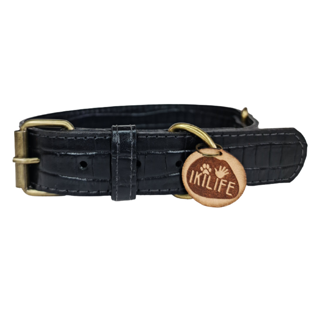 Collar de Cuero para perros - Cocodrilo Negro hebilla envejecida