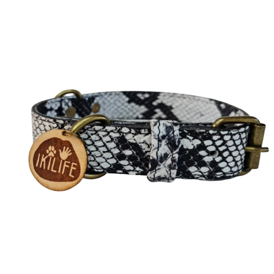 Collar de Cuero para perros - Serpiente Blanco y Negro hebilla envejecida