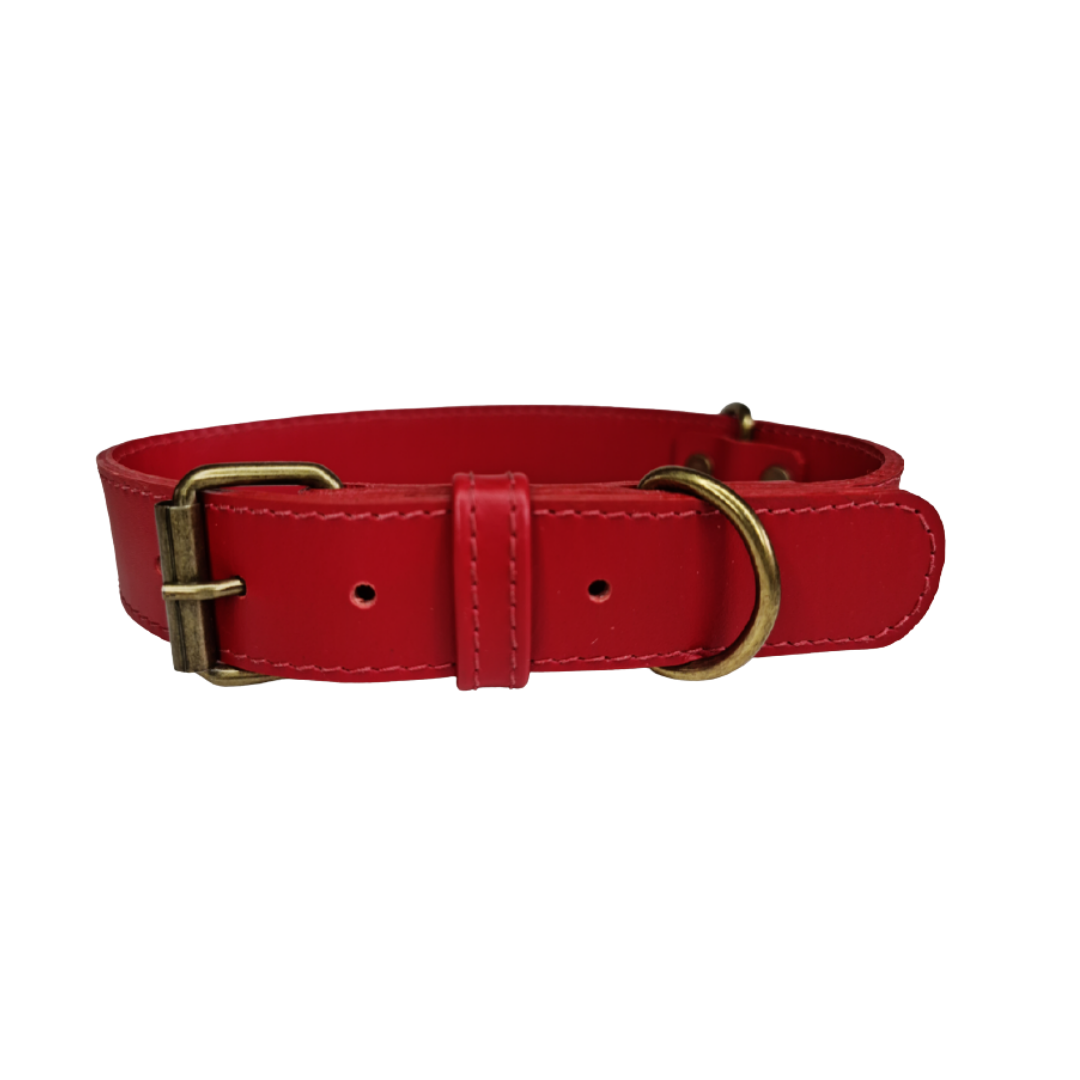 Collar de Cuero para perros - Rojo Liso hebilla envejecida