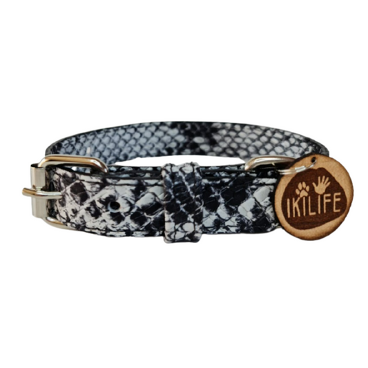 Collar de Cuero para perros - Serpiente Blanco y Negro hebilla nickel