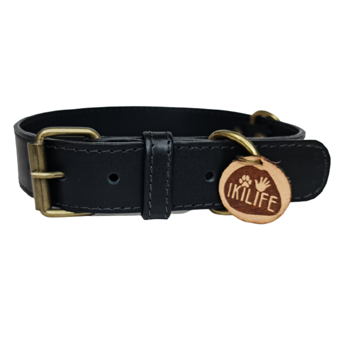 Collar de Cuero para perros - Negro liso hebilla envejecida