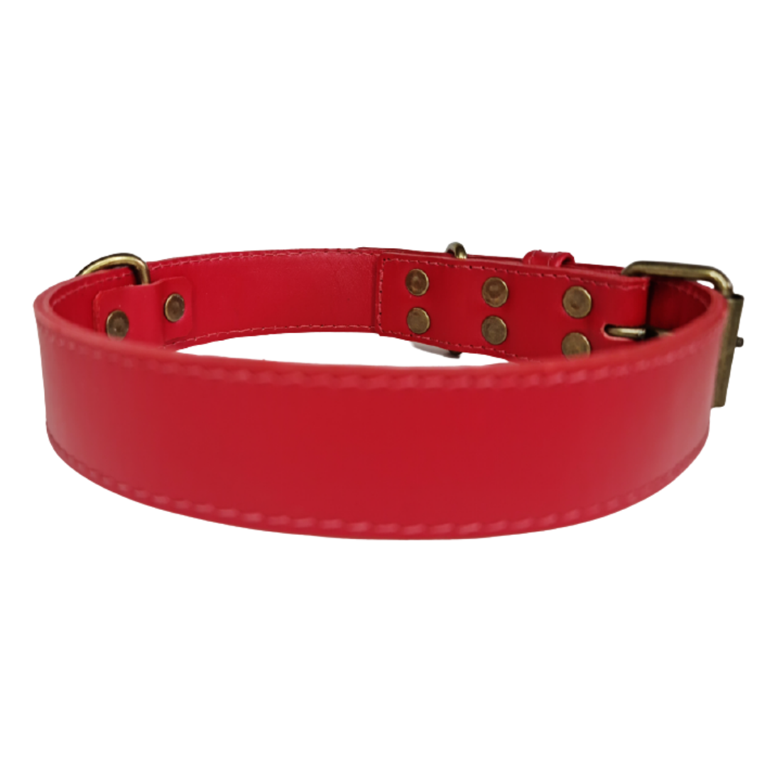 Collar de Cuero para perros - Rojo Liso hebilla envejecida