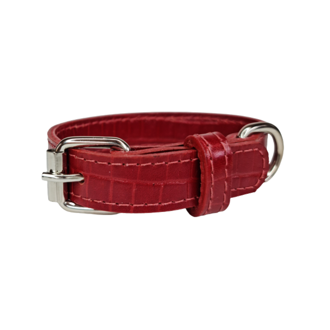 Collar de Cuero para perros - Cocodrilo Rojo - Nickel