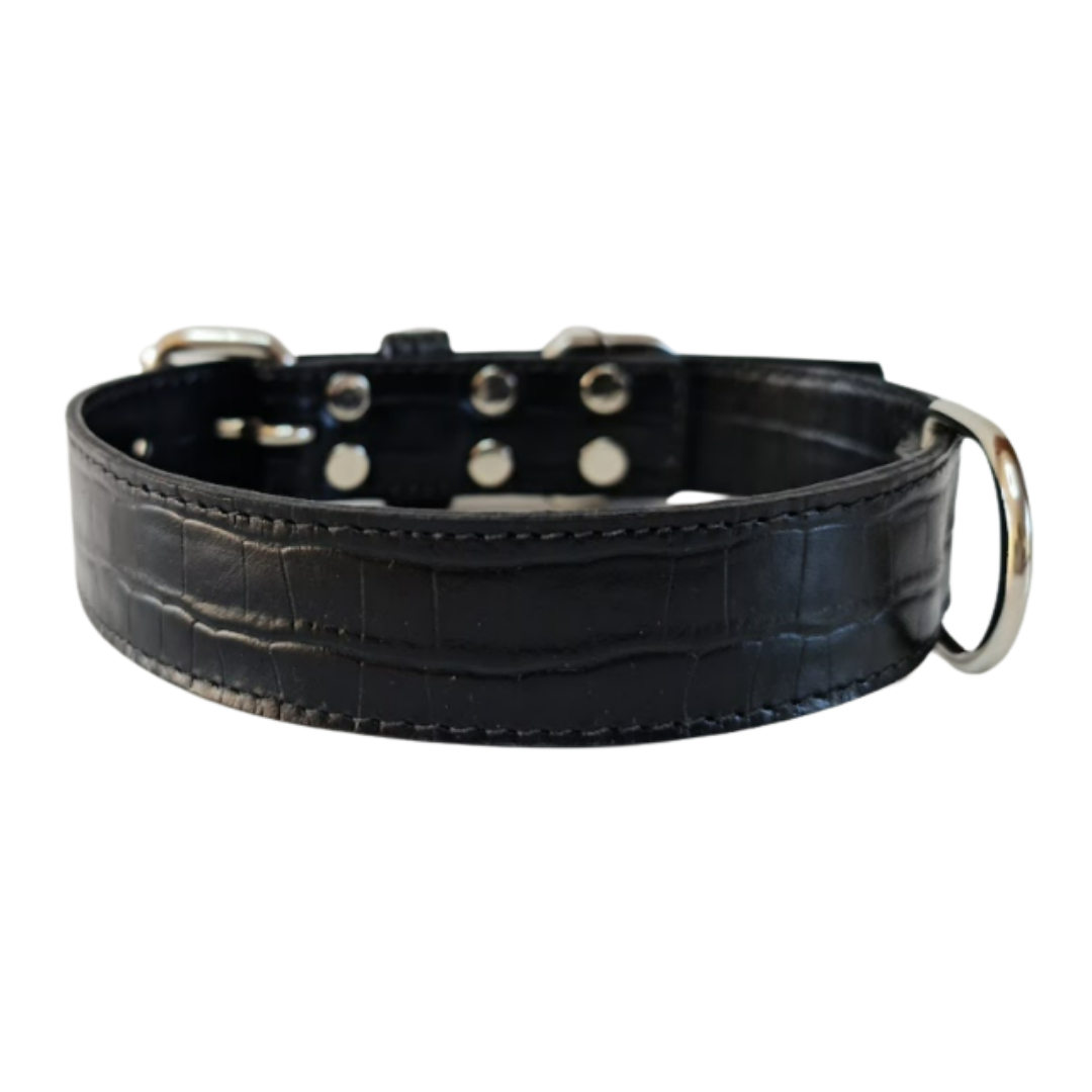 Collar de Cuero para perros - Cocodrilo Negro - nickel