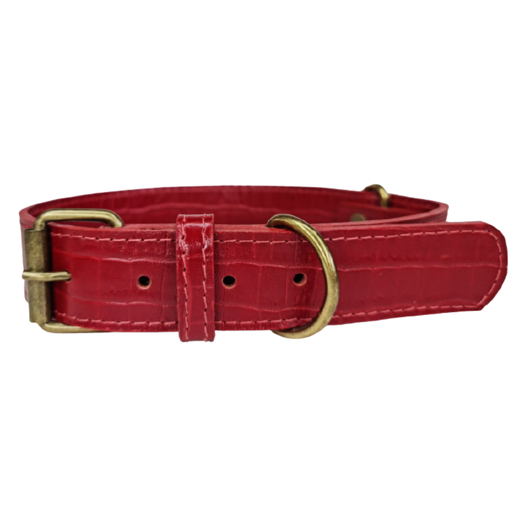 Collar de Cuero para perros - Cocodrilo Rojo - hebilla envejecida