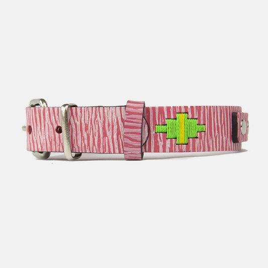 Collar de Cuero Bordado - Lassie Rosado y Blanco