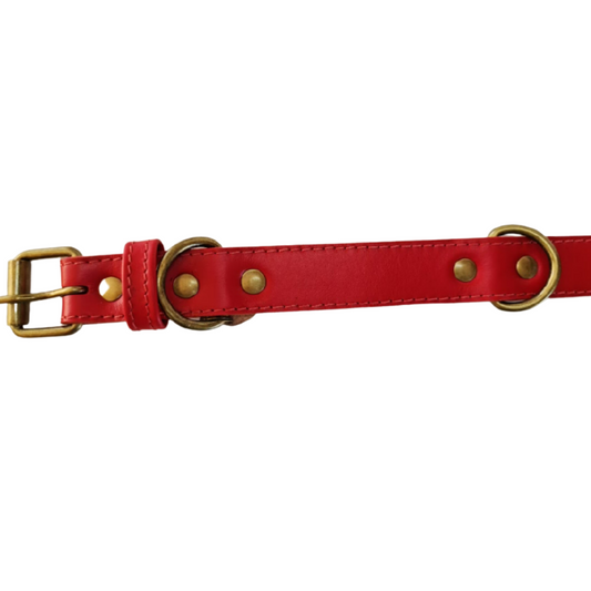 Collar de Cuero para perros - Rojo Liso hebilla envejecida