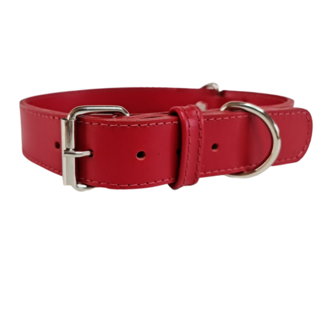 Collar de Cuero para perros - Rojo Liso hebilla nickel
