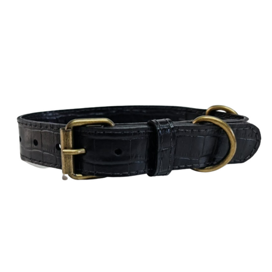 Collar de Cuero para perros - Cocodrilo Negro hebilla envejecida