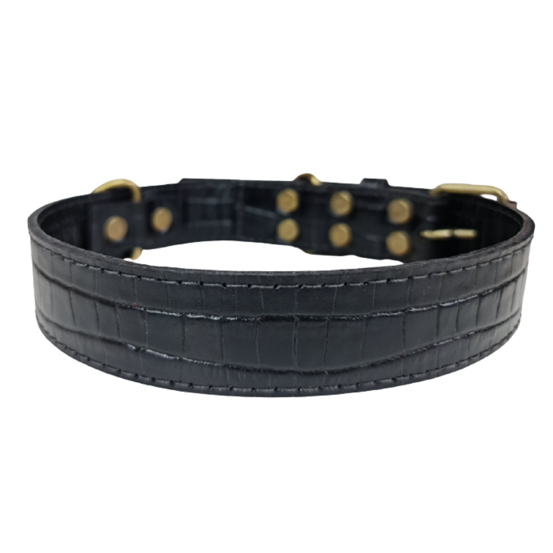 Collar de Cuero para perros - Cocodrilo Negro hebilla envejecida