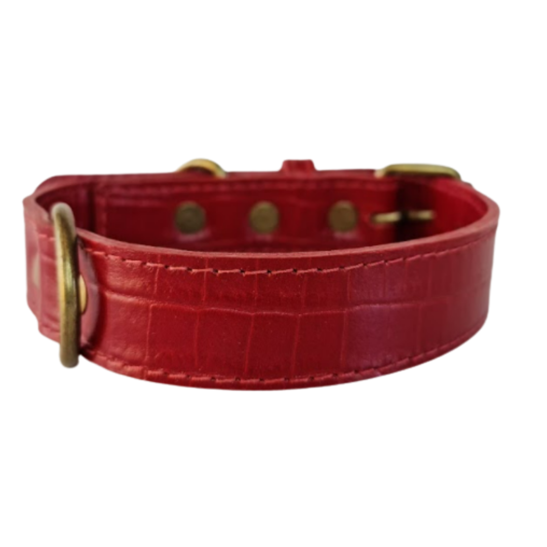 Collar de Cuero para perros - Cocodrilo Rojo - hebilla envejecida
