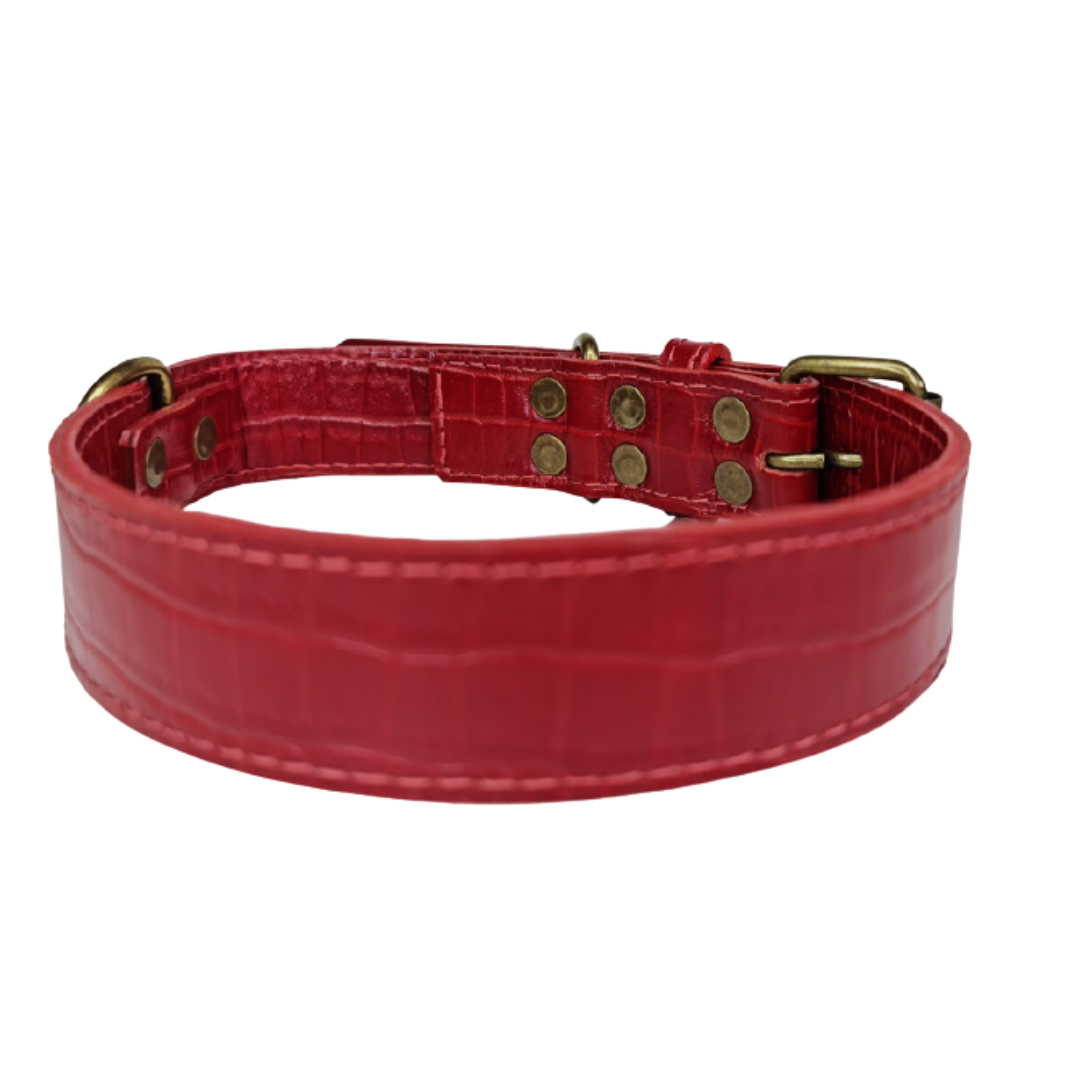 Collar de Cuero para perros - Cocodrilo Rojo - hebilla envejecida